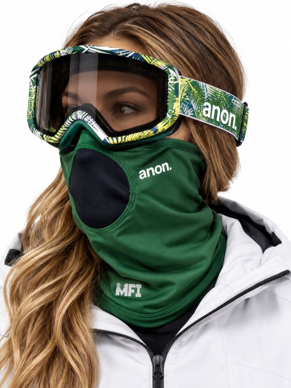 ANON OPTICS Ski Mask Googles With MFI Magnetic Face Mask Green White OS Burton